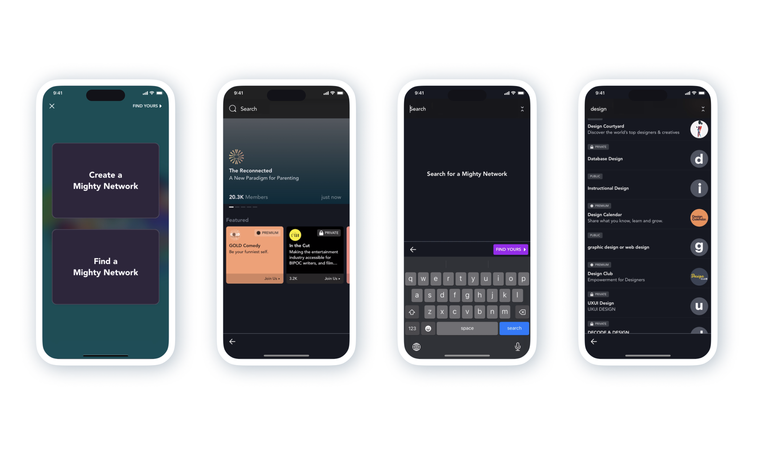 Four mobile app screens showing crusty old designs for the first app experience
